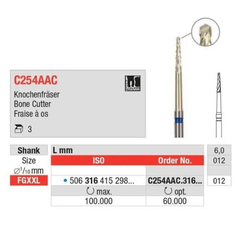 Freza chirurgicala carbura de tungsten FGXL C254AAC.316.012 Edenta